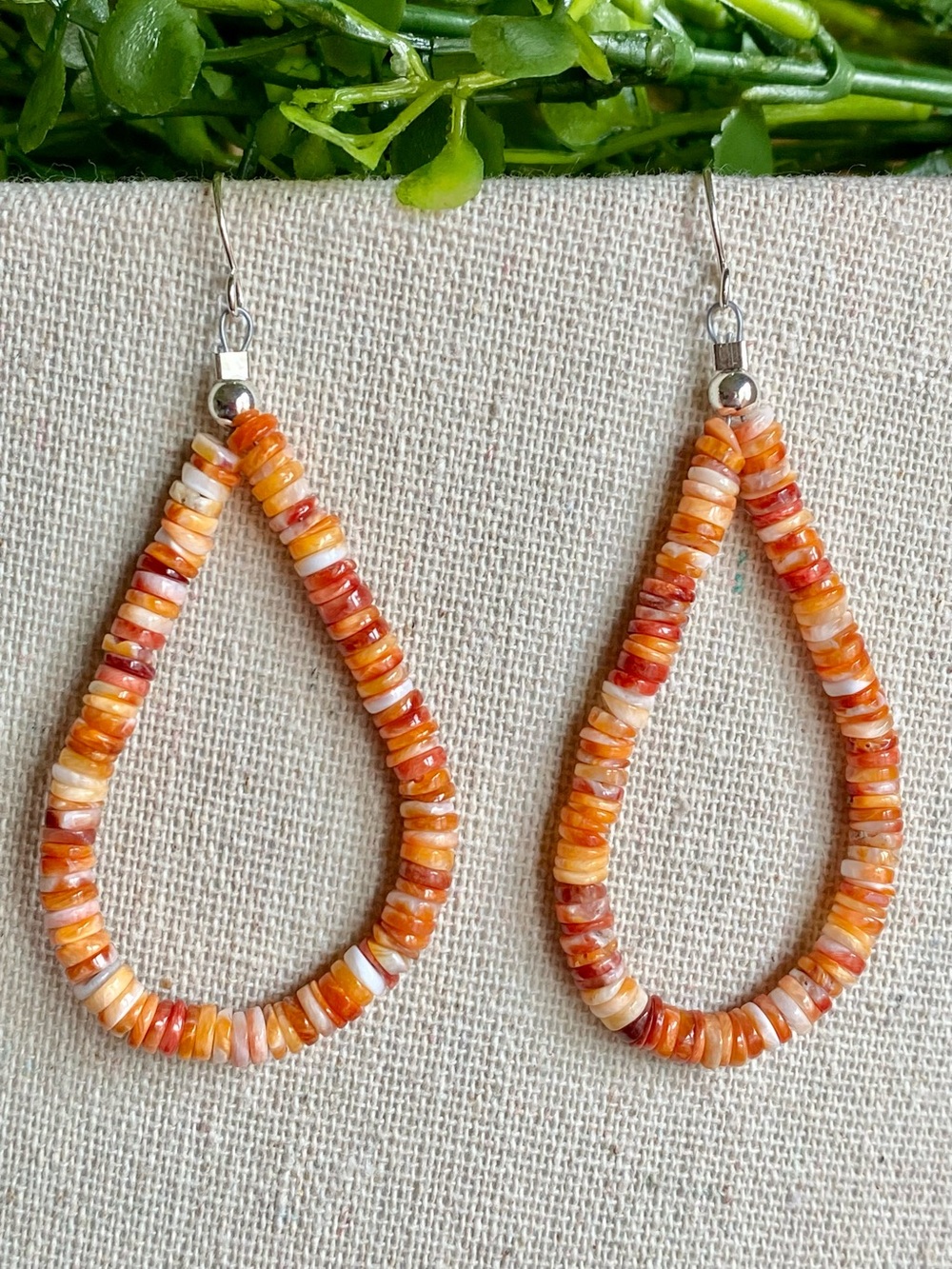 E28 Orange spiny oyster heishi bead sterling silver dangle earrings | size 2”